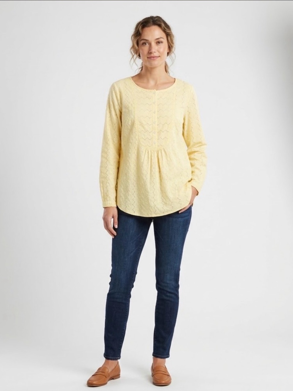 L.L. Bean Yellow Women's Long-Sleeve Cotton Floral Eyelet Blouse XL Cottagecore